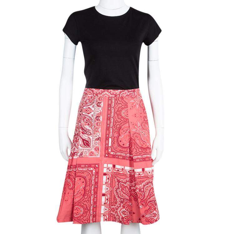 Pre Owned Etro Red Paisley Printed Cotton Box Pleated Skirt M