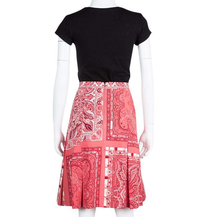 Pre Owned Etro Red Paisley Printed Cotton Box Pleated Skirt M