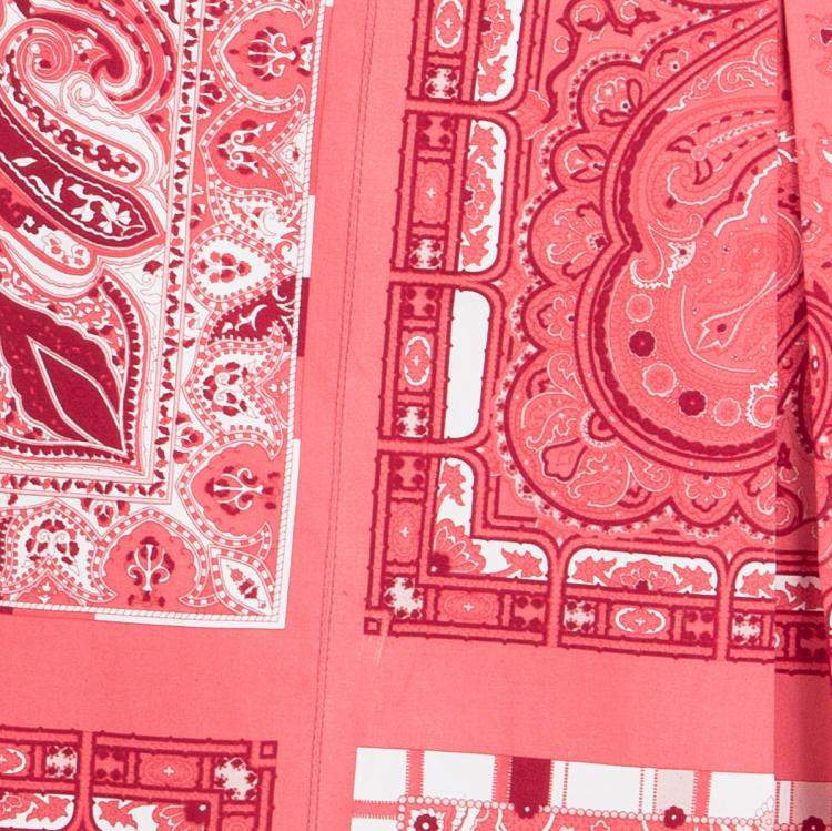 Pre Owned Etro Red Paisley Printed Cotton Box Pleated Skirt M