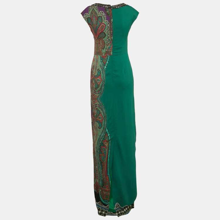 Pre Owned Etro Green Paisley Print Crepe Embellished Maxi Dress S