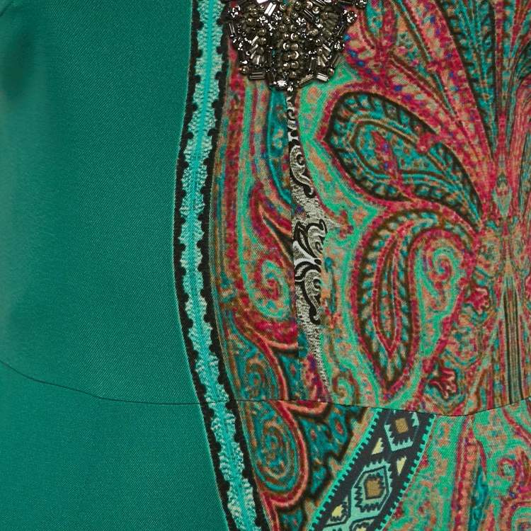 Pre Owned Etro Green Paisley Print Crepe Embellished Maxi Dress S