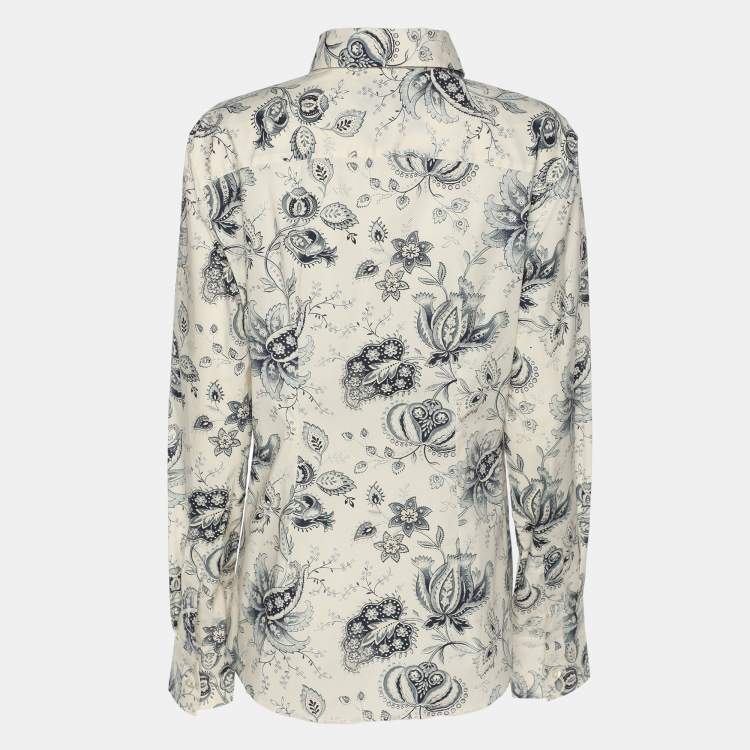 Pre Owned Etro Cream/Blue Paisley Print Cotton Blend Long Sleeve Shirt L