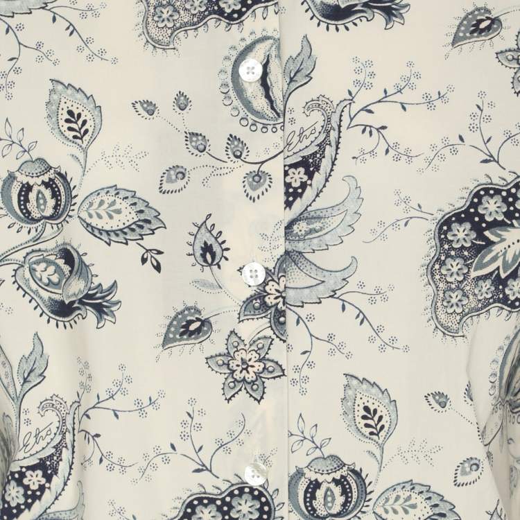 Pre Owned Etro Cream/Blue Paisley Print Cotton Blend Long Sleeve Shirt L