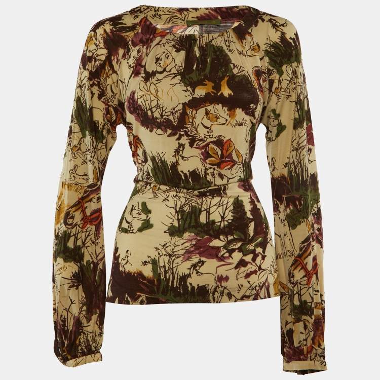 Pre Owned Etro Beige Printed Wool Blend Long leeve Top L