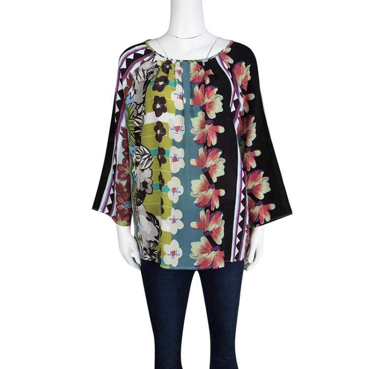 مملوكة مسبقًا Etro Multicolor Floral Printed Silk Pleat Detail Long Sleeve Top L