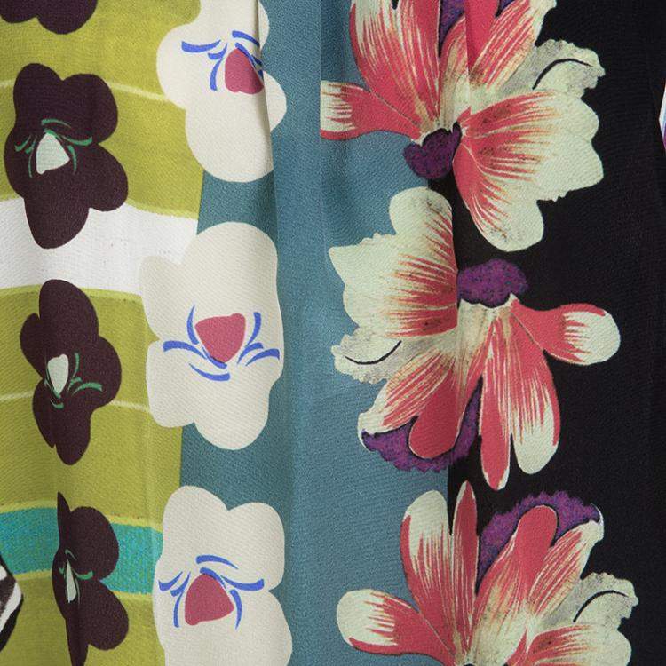 مملوكة مسبقًا Etro Multicolor Floral Printed Silk Pleat Detail Long Sleeve Top L