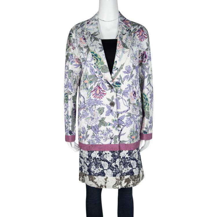 Pre Owned Etro Multicolor Floral Printed Textured Cotton Blend Overcoat M