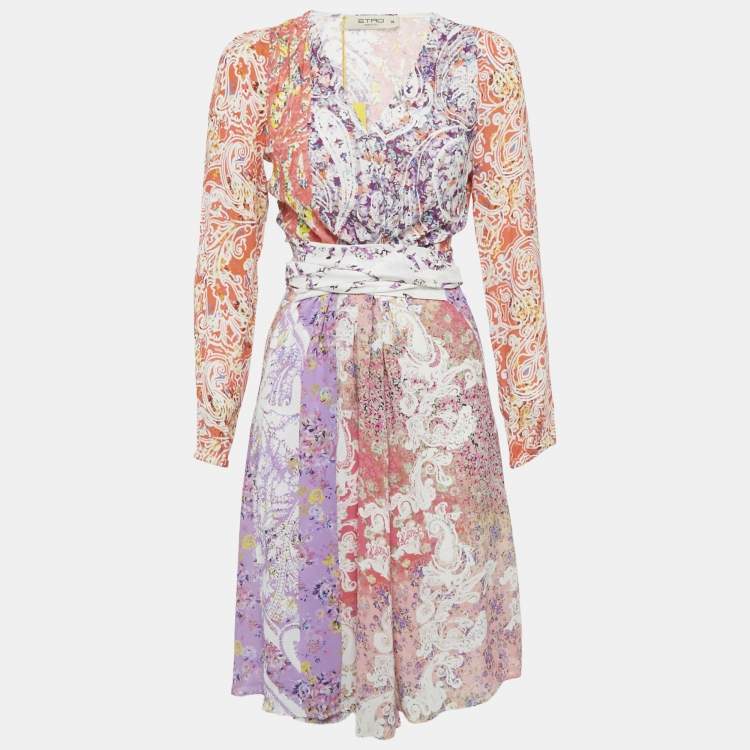 Pre Owned Etro Multicolor Printed Crepe Belted Midi Dress S