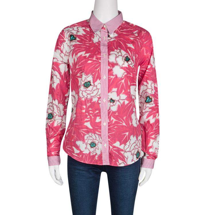 مملوكة مسبقًا Etro Pink Floral Print Checked Collar and Cuff Detail Long Sleeve Button Front Shirt M