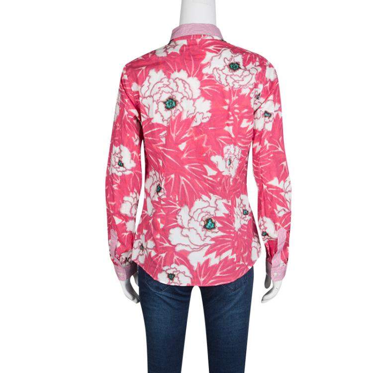 مملوكة مسبقًا Etro Pink Floral Print Checked Collar and Cuff Detail Long Sleeve Button Front Shirt M
