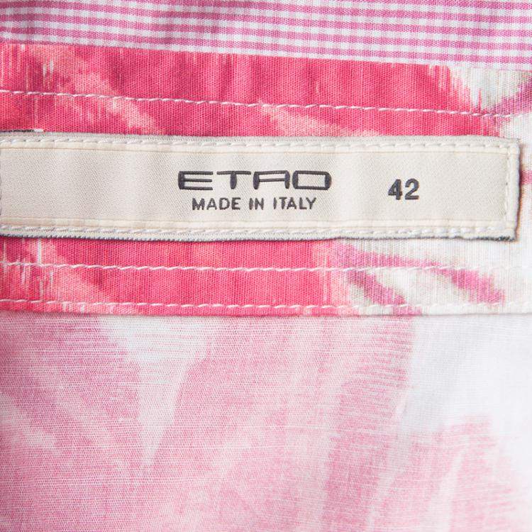 مملوكة مسبقًا Etro Pink Floral Print Checked Collar and Cuff Detail Long Sleeve Button Front Shirt M