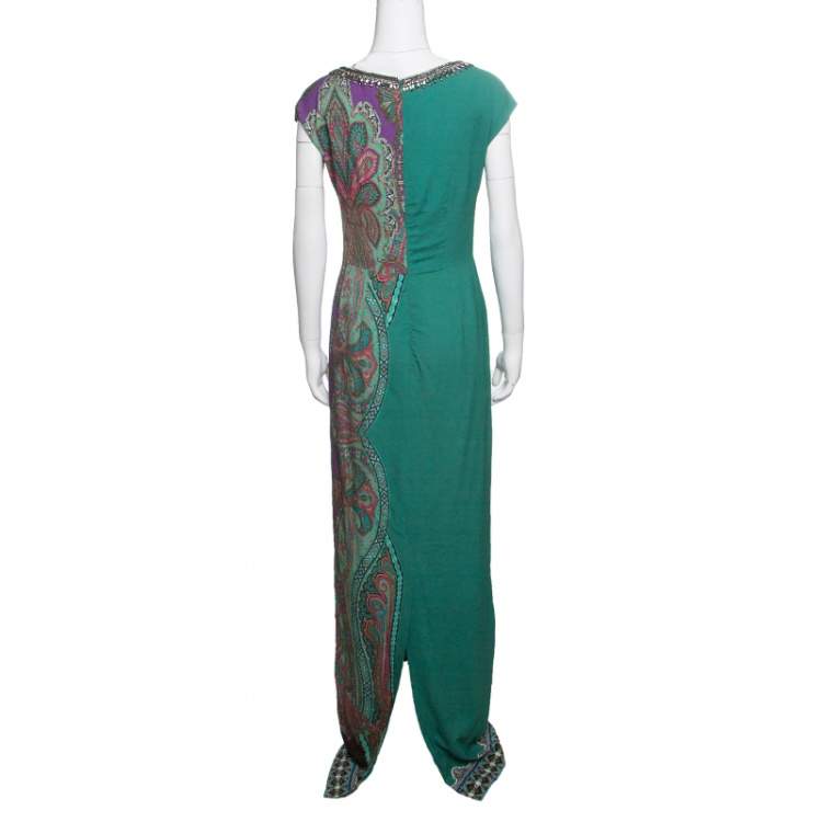 Pre Owned Etro Green Paisley Printed Embellished Maxi Dress M