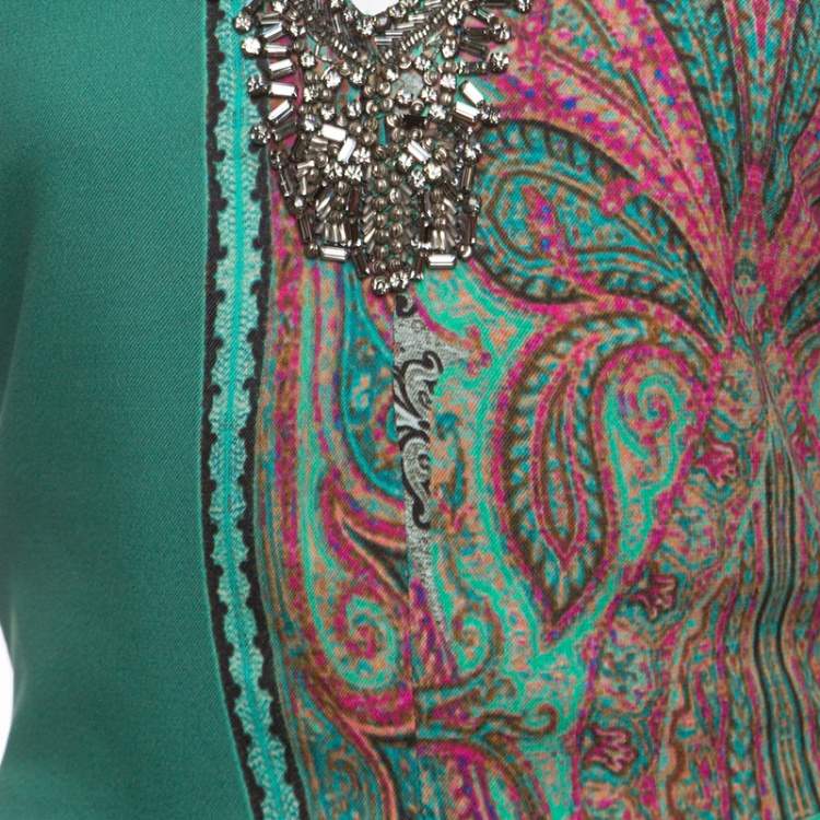 Pre Owned Etro Green Paisley Printed Embellished Maxi Dress M