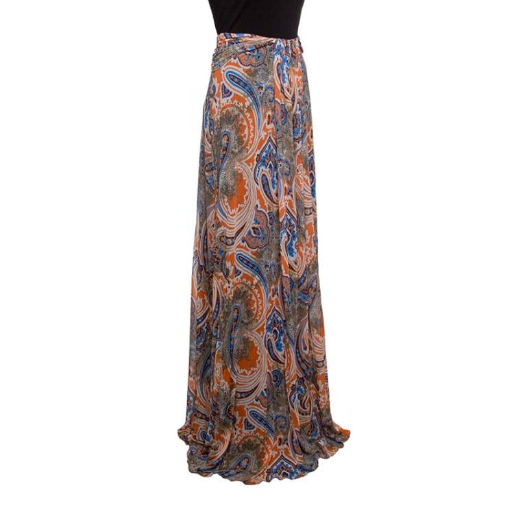 Pre Owned Etro Printed Multicolor Printed Knit Draped Maxi Skirt L
