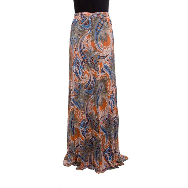 Pre Owned Etro Printed Multicolor Printed Knit Draped Maxi Skirt L