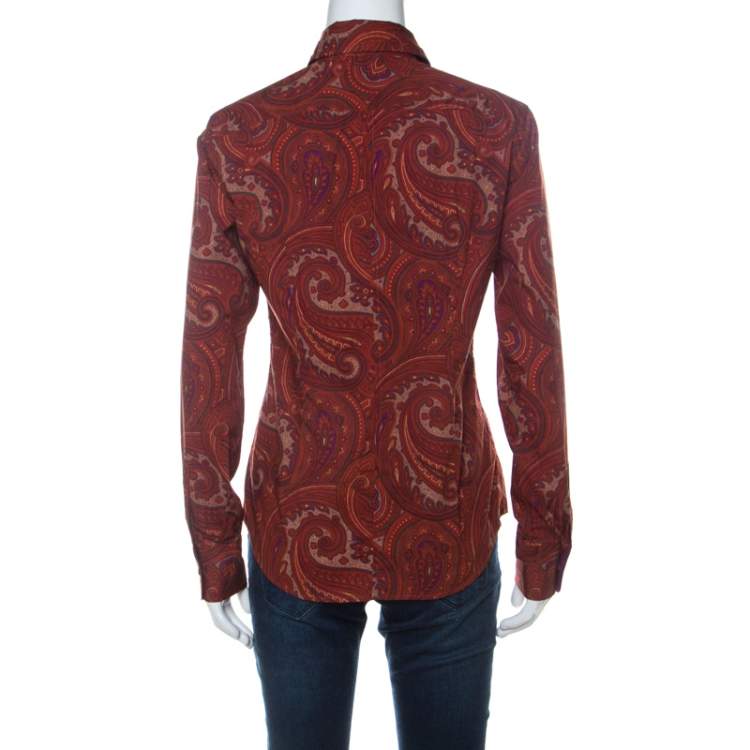 Pre Owned Etro Burnt Orange Paisley Print Cotton Fitted Button Down Shirt M