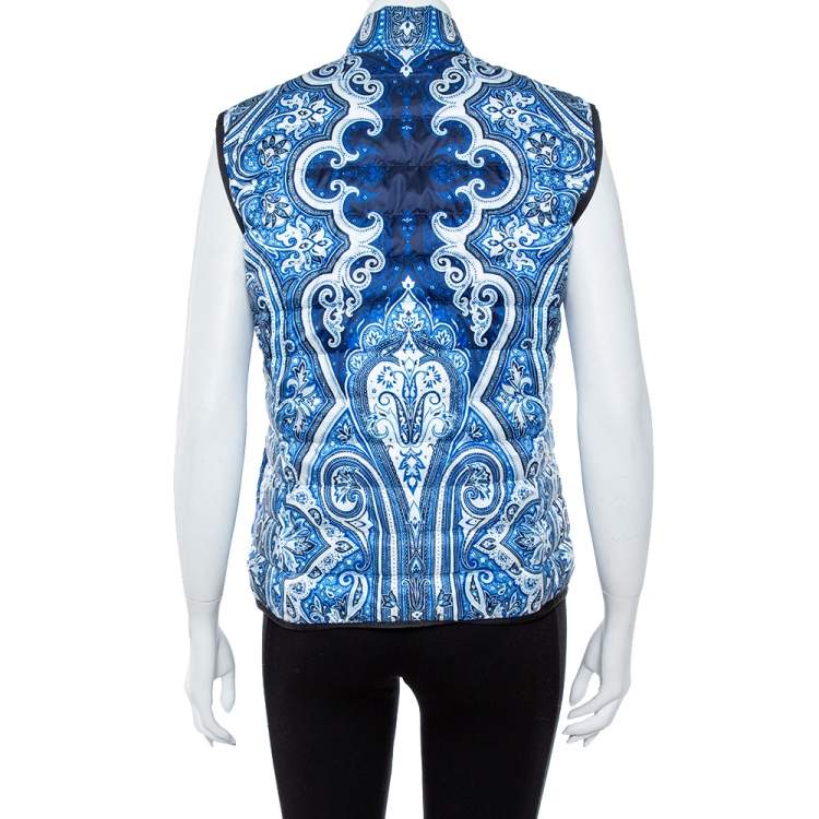 Pre Owned Etro Blue Paisley Print Quilted Puffer Vest M