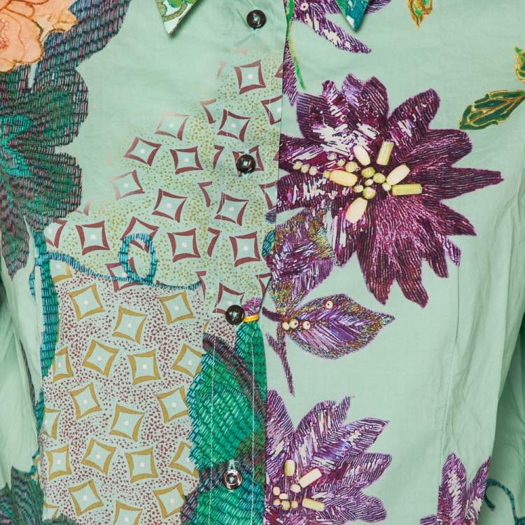 Pre Owned Etro Green Printed Cotton Button Front Shirt L