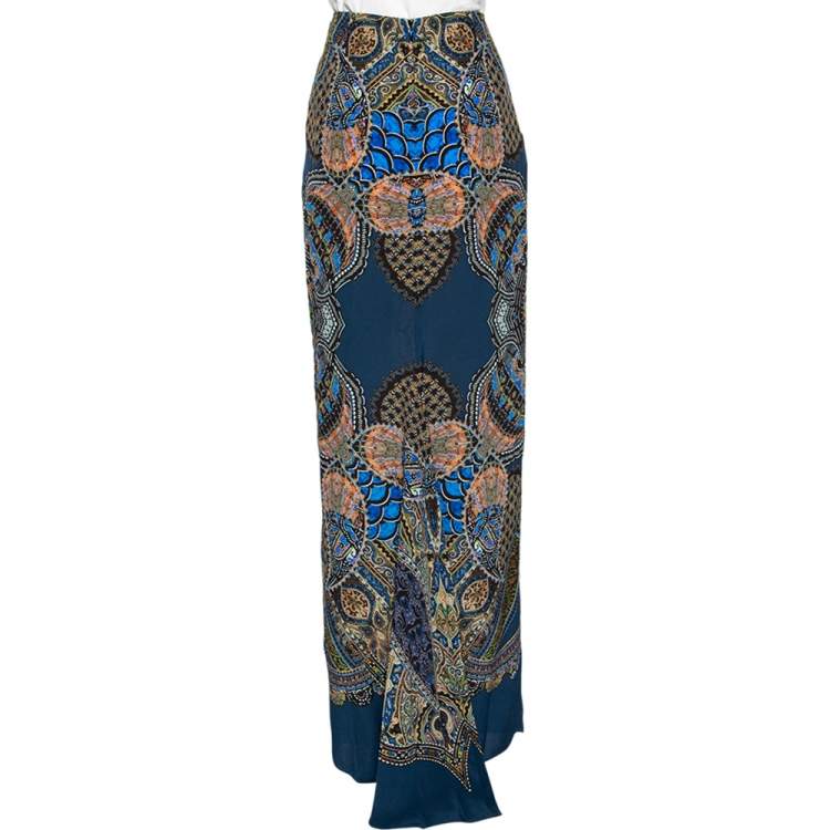 Pre Owned Etro Blue Abstract Print Silk Maxi Skirt M