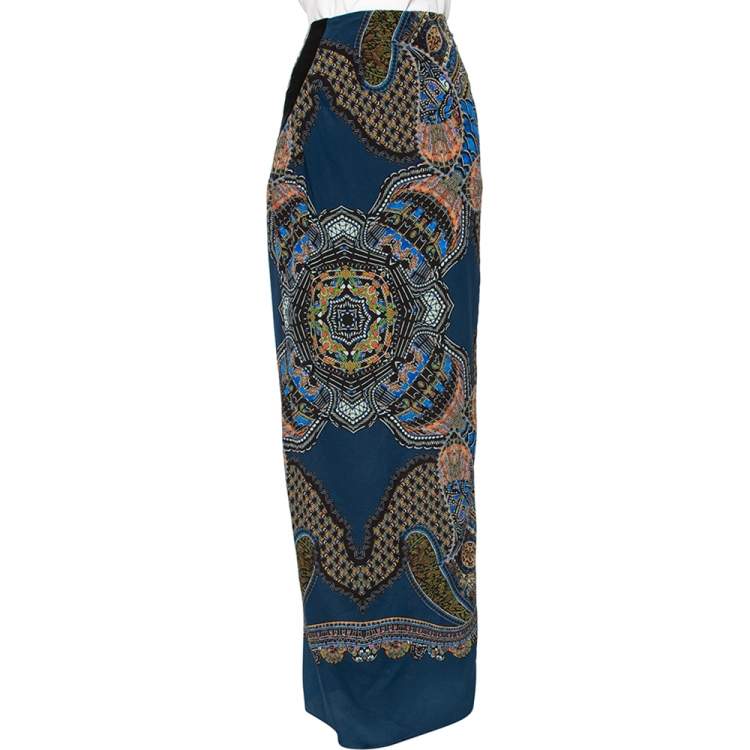 Pre Owned Etro Blue Abstract Print Silk Maxi Skirt M