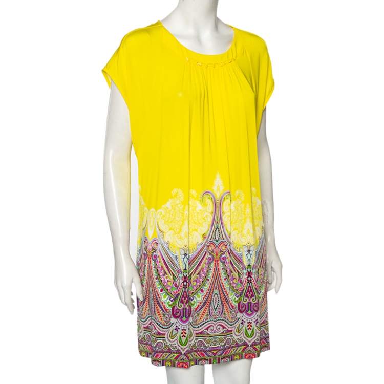 Pre Owned Etro Yellow/Paisley Printed Jersey Gathered Yoke Detailed Dress M/L
