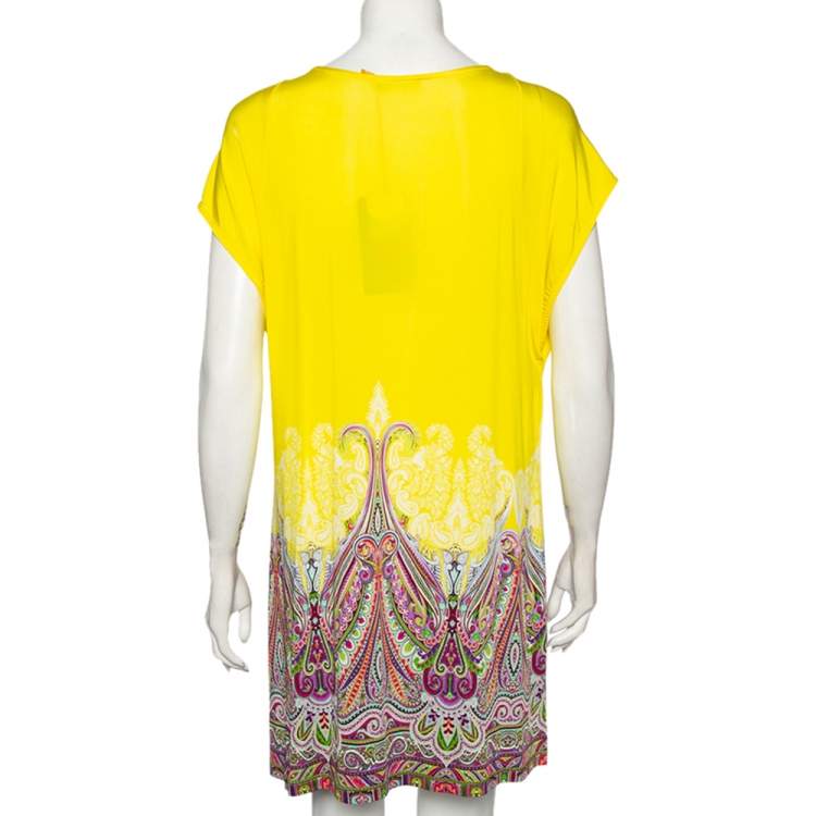 Pre Owned Etro Yellow/Paisley Printed Jersey Gathered Yoke Detailed Dress M/L
