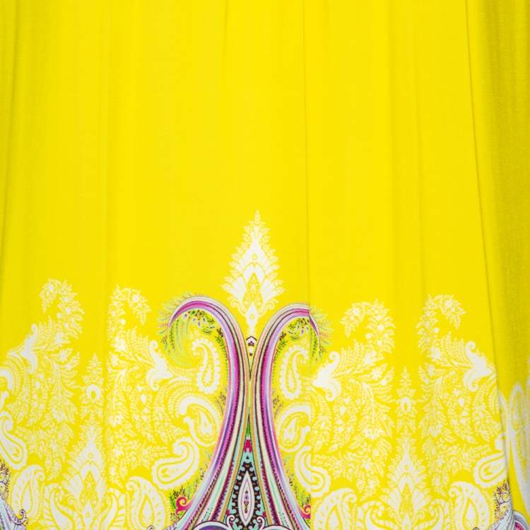 Pre Owned Etro Yellow/Paisley Printed Jersey Gathered Yoke Detailed Dress M/L