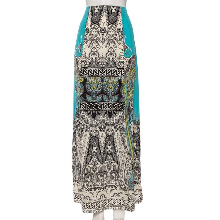 Pre Owned Etro Blue Paisley Printed Silk Crepe De Chine Maxi Skirt S
