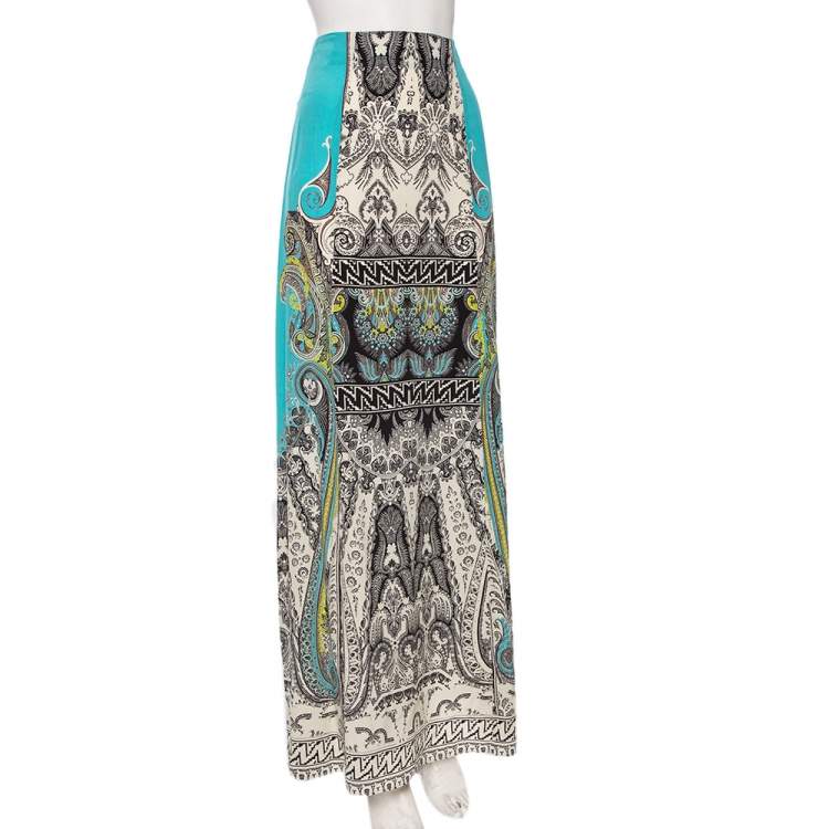 Pre Owned Etro Blue Paisley Printed Silk Crepe De Chine Maxi Skirt S