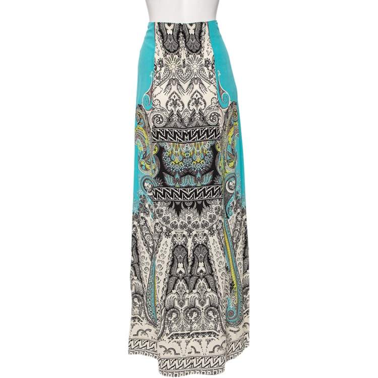 Pre Owned Etro Blue Paisley Printed Silk Crepe De Chine Maxi Skirt S