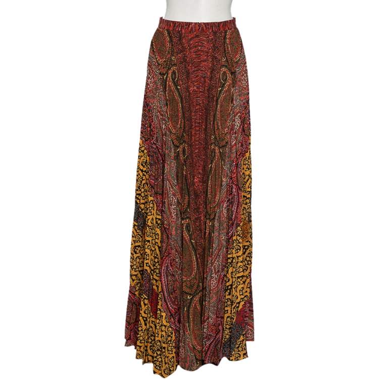 Pre Owned Etro Multicolored Paisley Printed Crepe Pleated Maxi Skirt S