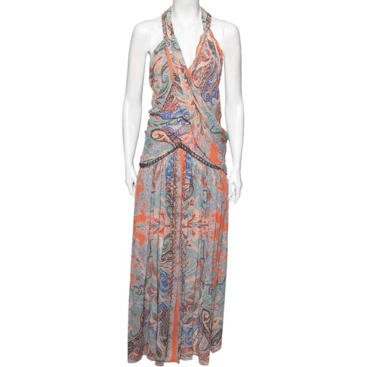 Pre Owned Etro Multicolor Printed Silk Pleated Front Halter Neck Ruffle Maxi Dress S