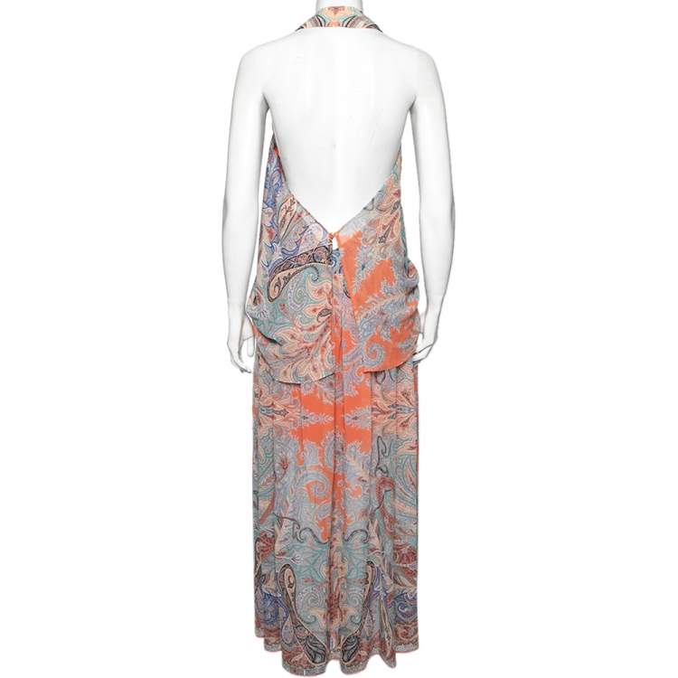 Pre Owned Etro Multicolor Printed Silk Pleated Front Halter Neck Ruffle Maxi Dress S