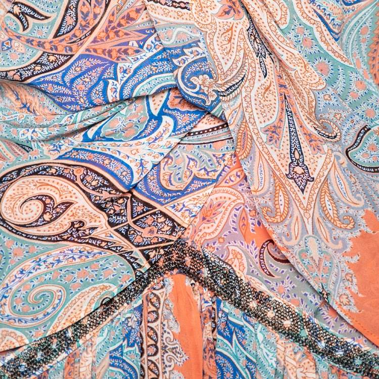 Pre Owned Etro Multicolor Printed Silk Pleated Front Halter Neck Ruffle Maxi Dress S