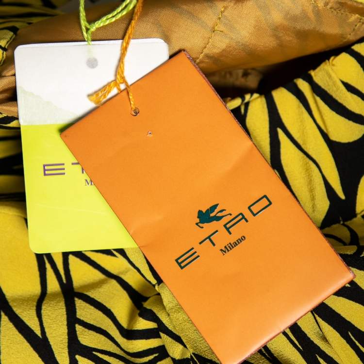 Pre Owned Etro Yellow and Black Leaf Printed Silk Elasticized Waist Pants M