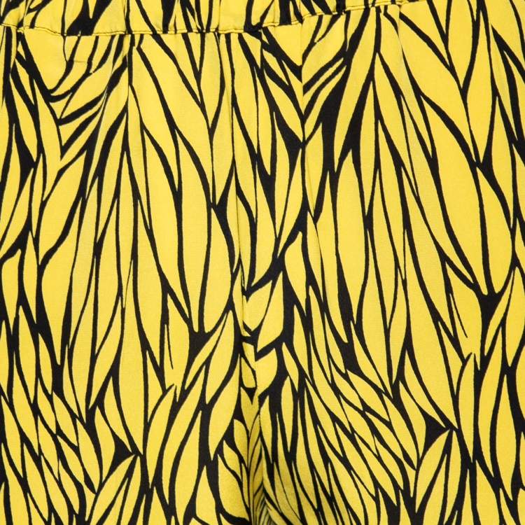 Pre Owned Etro Yellow and Black Leaf Printed Silk Elasticized Waist Pants M