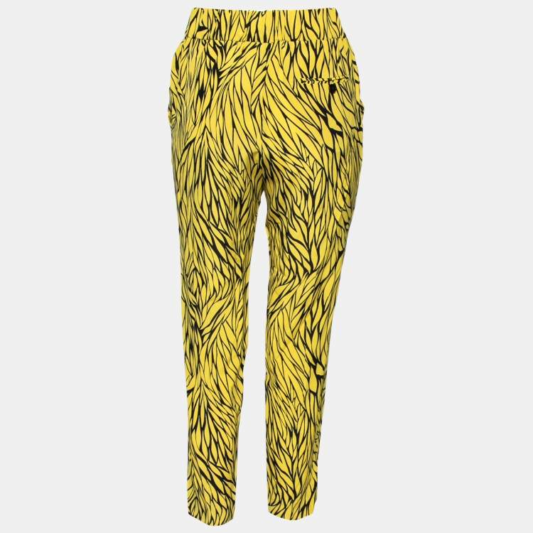 Pre Owned Etro Yellow and Black Leaf Printed Silk Elasticized Waist Pants M