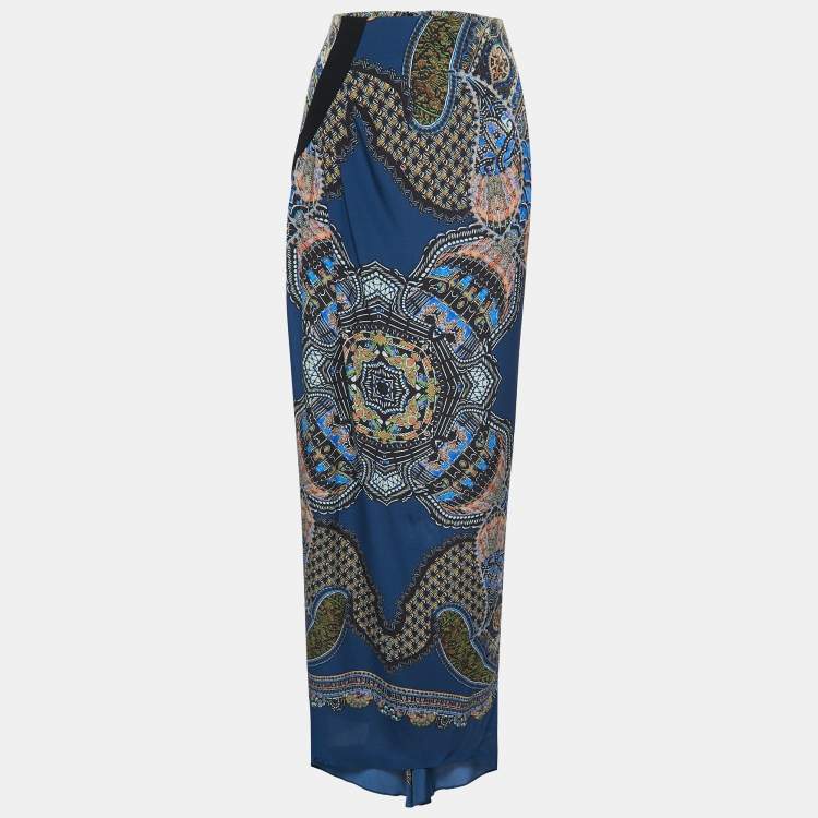 Pre Owned Etro Blue/Multicolor Printed Silk Maxi Skirt M