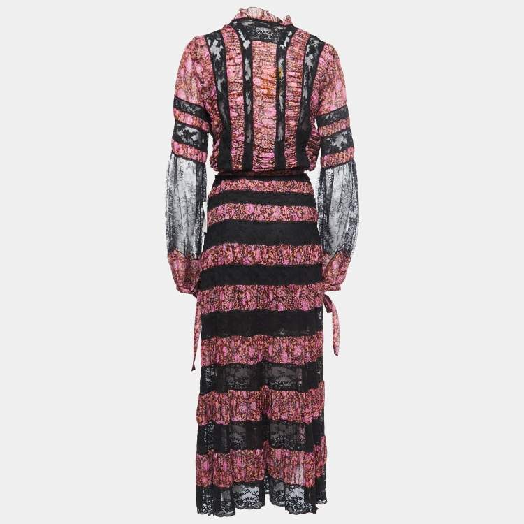 Pre Owned Etro Black Floral Printed Cotton and Lace Wrap Maxi Dress L