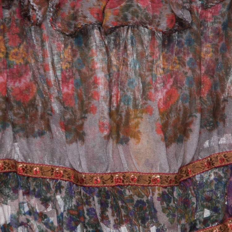 Pre Owned Etro Multicolor Floral Printed Mesh Ruffled String Detail Top L