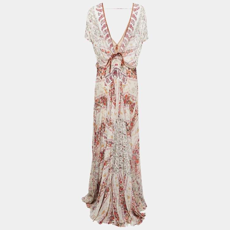 Pre Owned Etro cream Floral Printed Silk Patchwork Detail Plunge Neck Gown L
