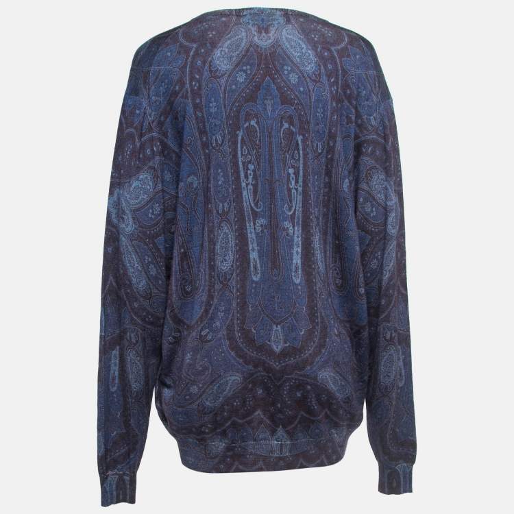 Pre Owned Etro Dark Blue Paisley Wool & Silk Knit V-Neck Sweater 3XL