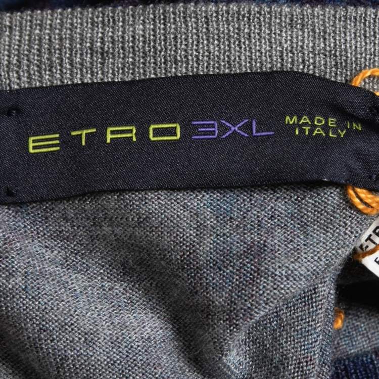 Pre Owned Etro Dark Blue Paisley Wool & Silk Knit V-Neck Sweater 3XL