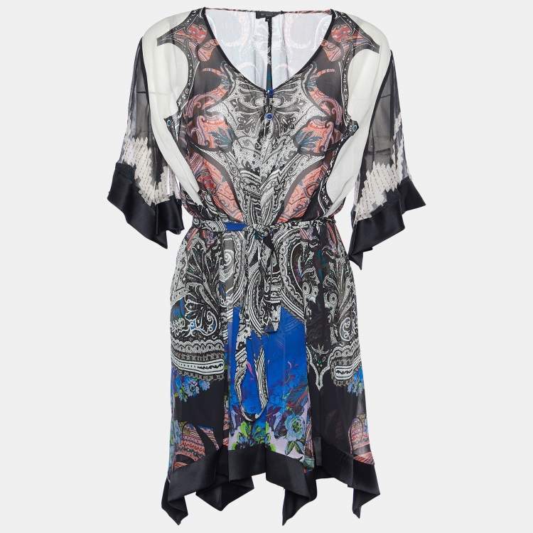 Pre Owned Etro Multicolor Printed Silk & Satin Trim Belted Tunic S