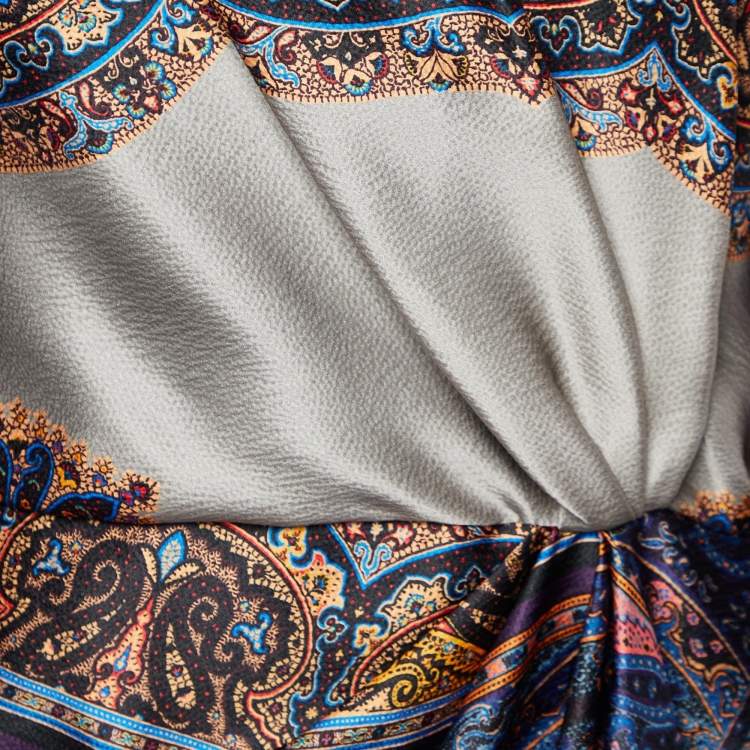Pre Owned Etro Multicolor Printed Silk Draped Asymmetric Hem Dress L 