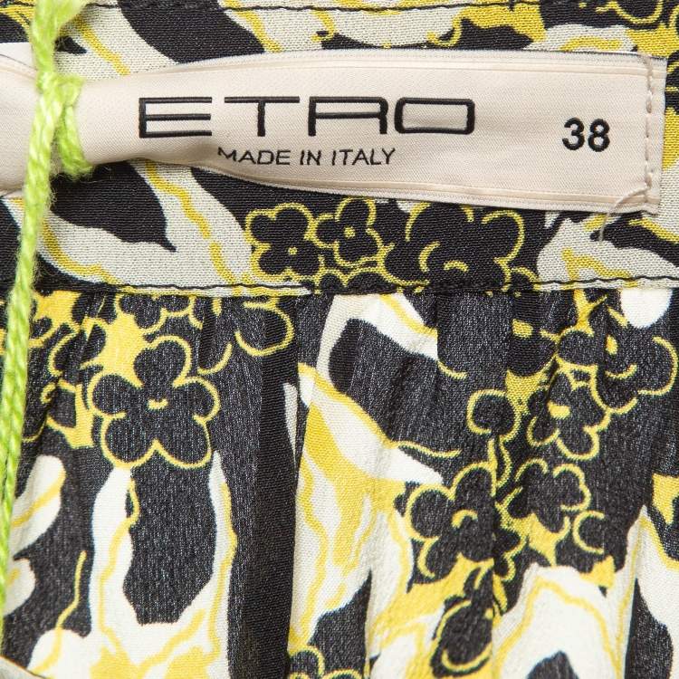Pre Owned Etro Yellow/Black Floral Print Silk Tiered Maxi Skirt S