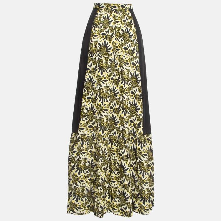 Pre Owned Etro Yellow/Black Floral Print Silk Tiered Maxi Skirt S