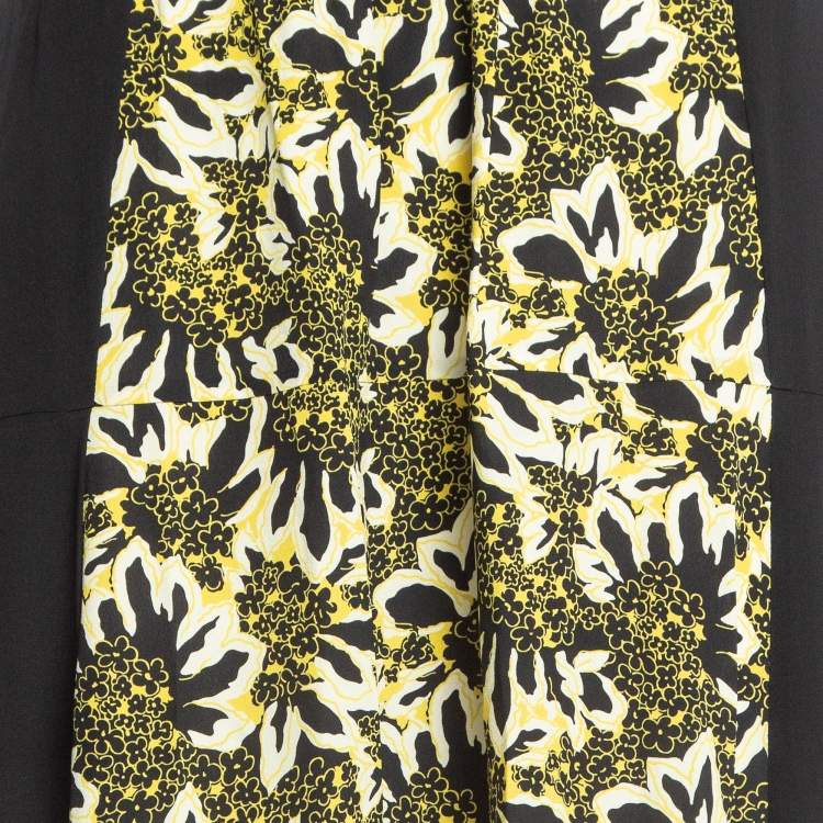 Pre Owned Etro Yellow/Black Floral Print Silk Tiered Maxi Skirt S