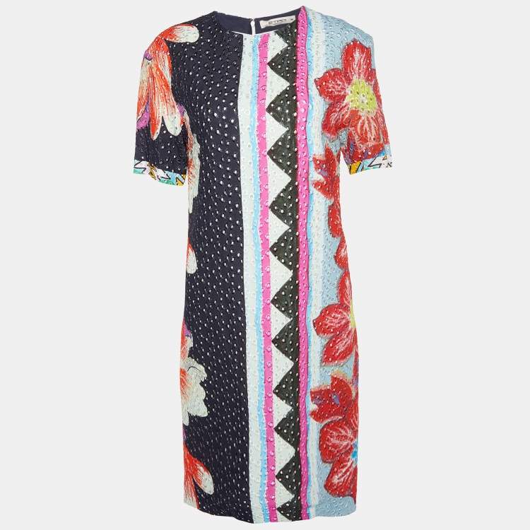 Pre Owned Etro Multicolor Floral Print Embroidered Crepe Shift Dress S