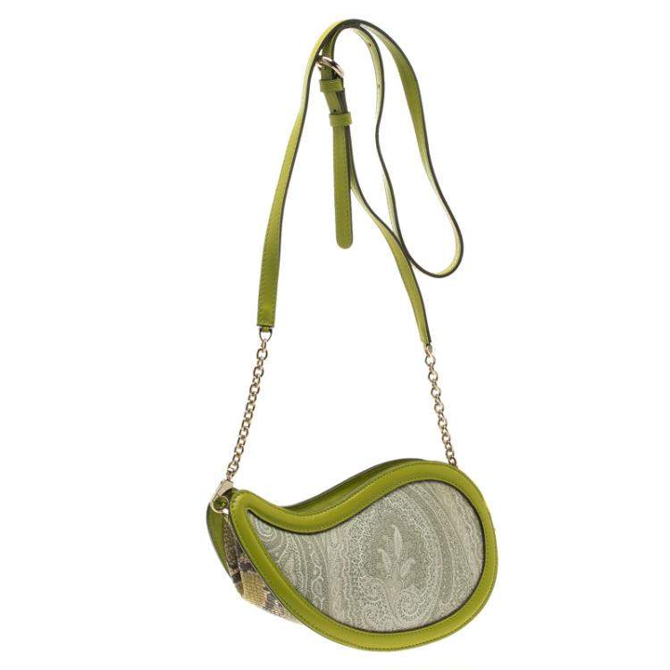 Pre Owned Etro Green Paisly Coated Canvas and Python Embossed Leather Crossbody Bag